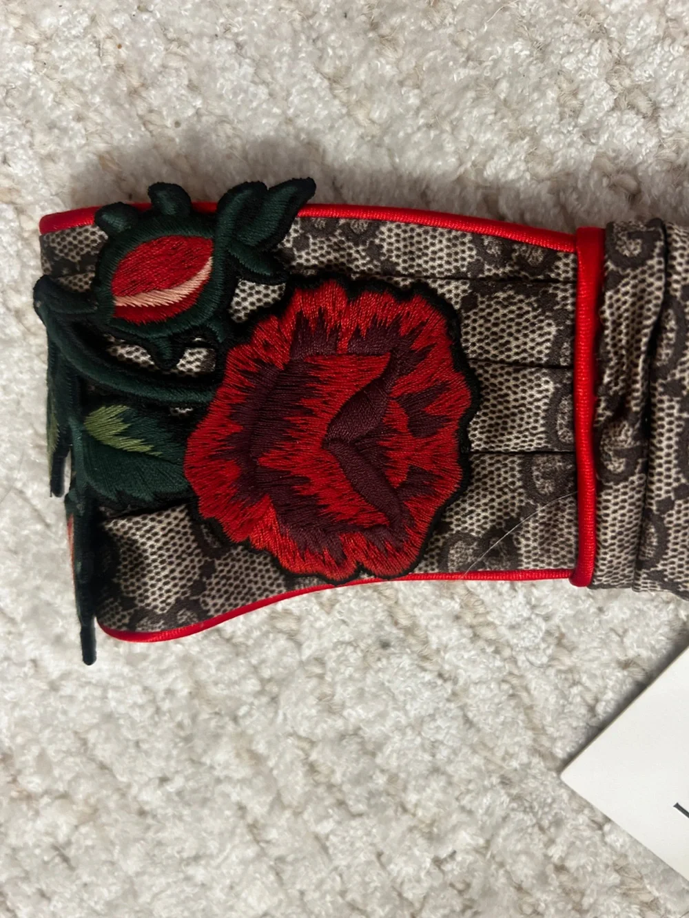 Gucci Brown Monogram Headband with Red Rose Embroidery